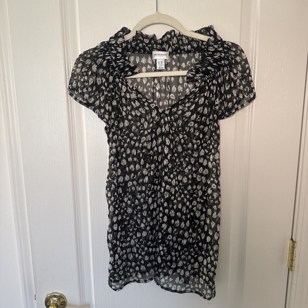 Motherhood Maternity Black Cream Animal Print Sheer Ruffle Top Blouse XS